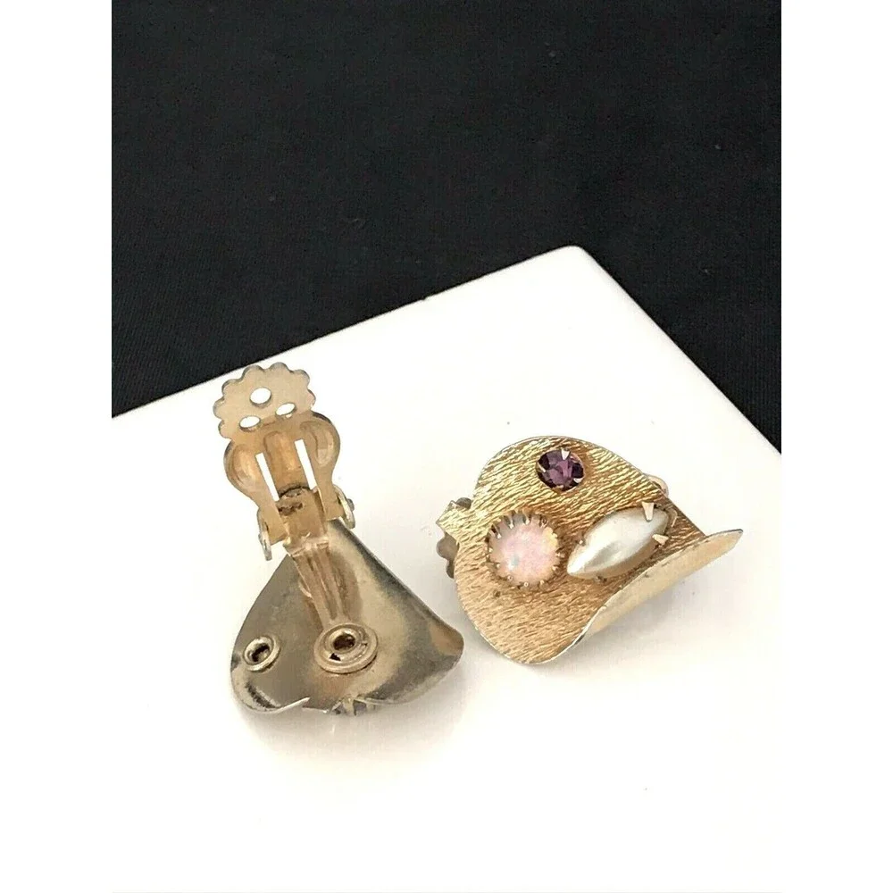 Vintage 1960s Gold Tone Clip Earrings Pearl Rhinestone Mid Century Modern - 1F